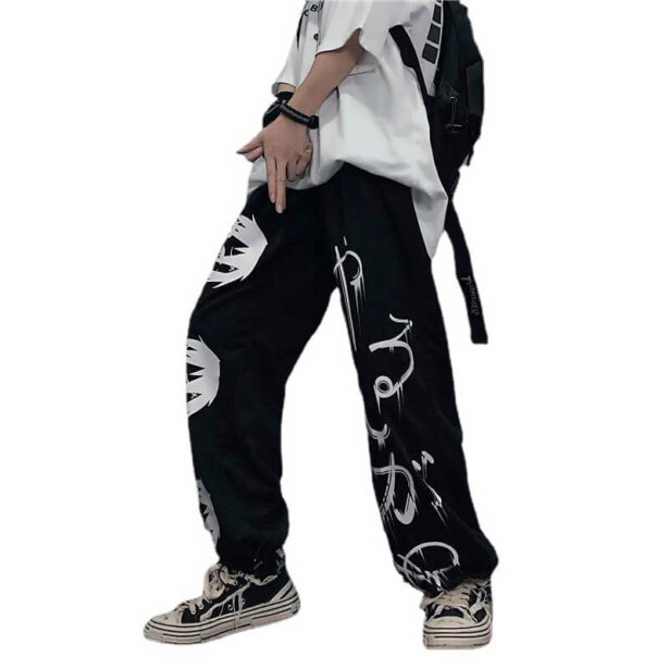 Casual Loose Black Unisex Pants With Elastic Graffiti Print Hieroglyphs Harajuku Style 4