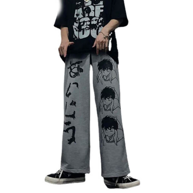 Casual Loose Grey Unisex Pants With Elastic Graffiti Print Hieroglyphs Harajuku Style