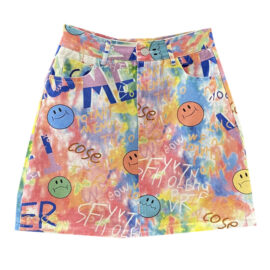 Colorful Acid Graffiti Smile Face Aesthetic Denim Jean Skirt