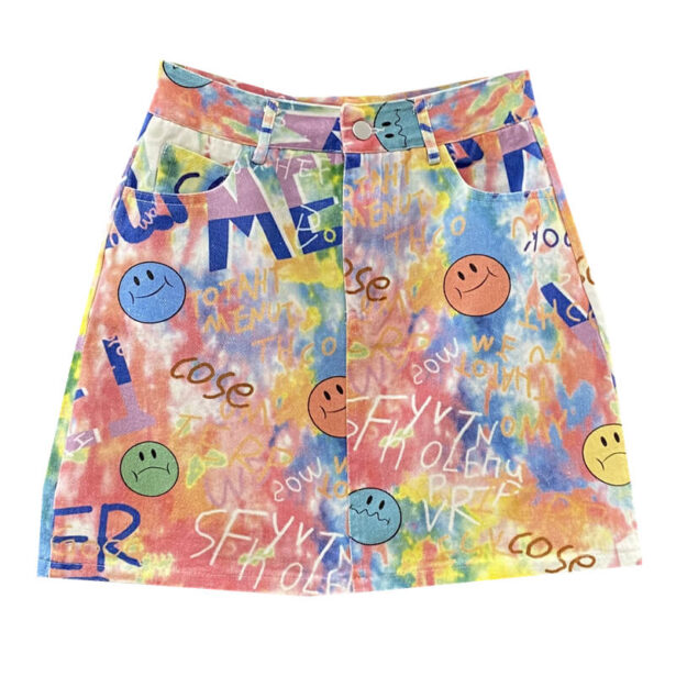 Colorful Acid Graffiti Smile Face Aesthetic Denim Jean Skirt