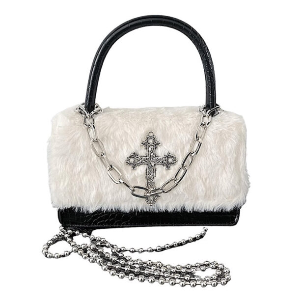 Faux Fur Black White Goth Aesthetic Silver Cross Shoulder Bag 1