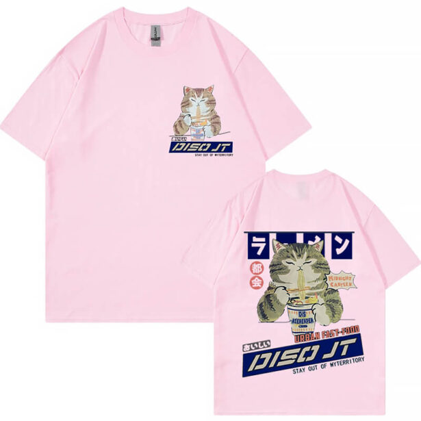For Couples Casual Beige or Pink Cute Women T Shirt Cat Eating Noodles