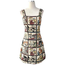 French Vintage Cats Collage Jacquard Short Dress for Women 1