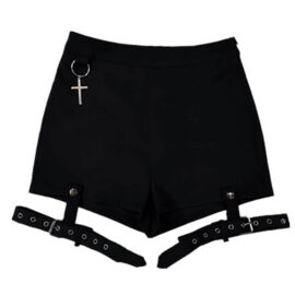 Goth Aesthetic Black Suspenders Silver Cross Womens Shorts 1