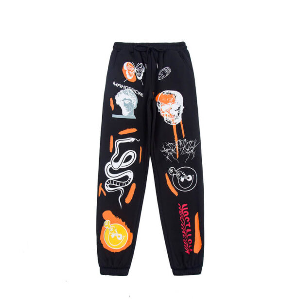 Graffiti Style Sports Black Velvet Women Pants Elastic Waist