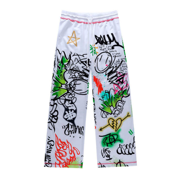 Graffiti Style Sports White Thin Womens Pants Elastic Waist