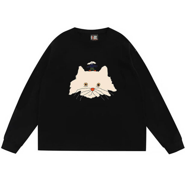 Hand Drawn Cat Artsy Aesthetic Print Long Sleeve Sweatshirt