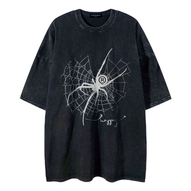 Harajuku Loose Black Unisex T Shirt Spider Web Print