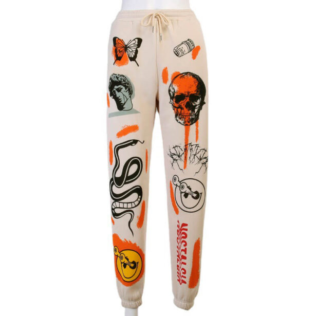 Harajuku Style Graffiti Style Sports White Velvet Women Pants Elastic Waist