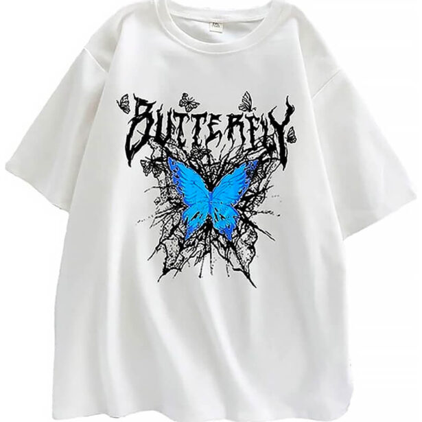 Harajuku White Women T Shirt Blue Butterfly Print 3