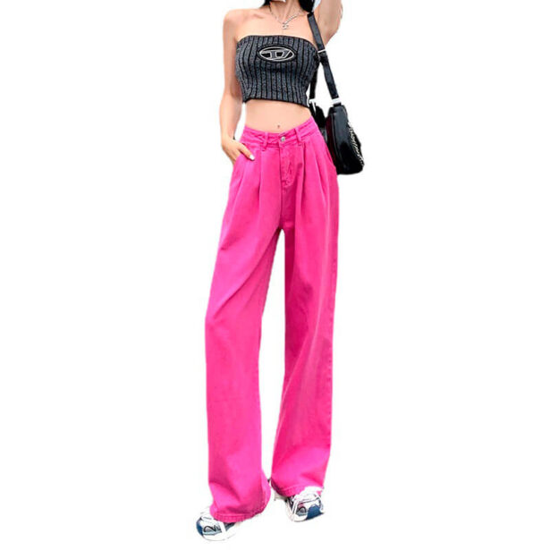 Hot Pink Wide Leg Jeans For Women Passion Fruit Color
