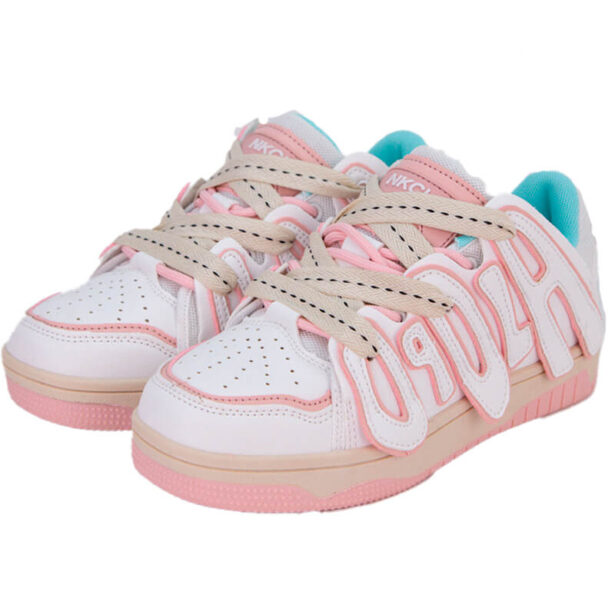 Light Pink Women Sneakers Applique Letter Print Beige Laces Harajuku Style