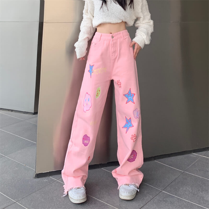 Pink or White Women Jeans Artsy Aesthetic Print Children Drawings