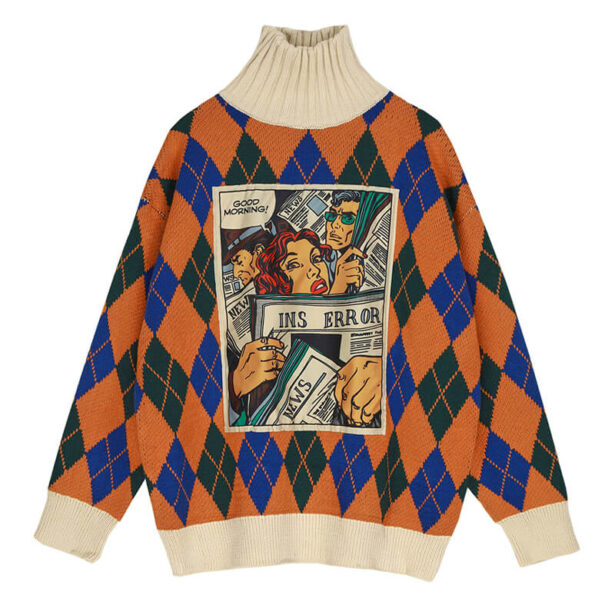 Retro Comics Orange Argyle Turtleneck Sweater for Women 1