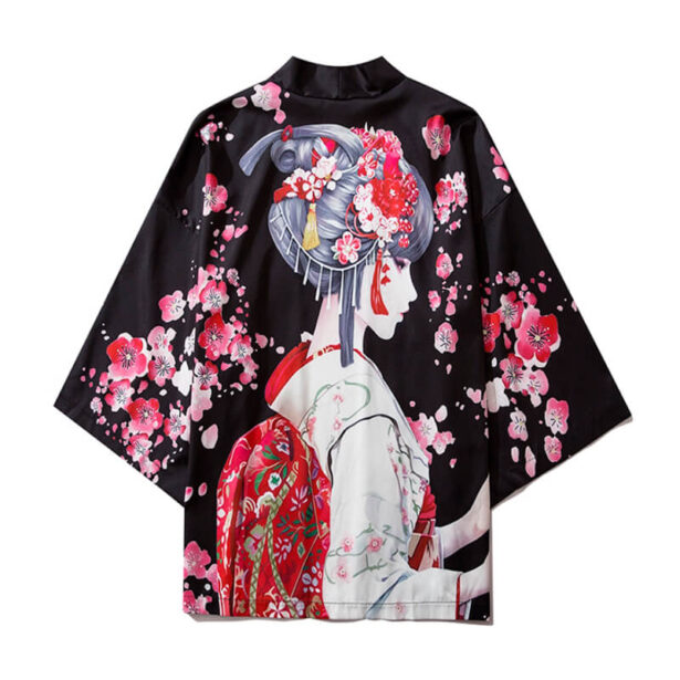 Unisex Shirt Black Kimono Japanese Clothes Geisha and Sakura Unisex Kimono Cardigan