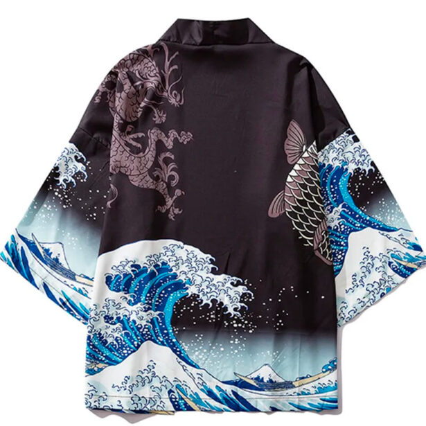 Unisex Shirt Black Kimono Japanese Clothes Kanagawa Wave Unisex Kimono Cardigan