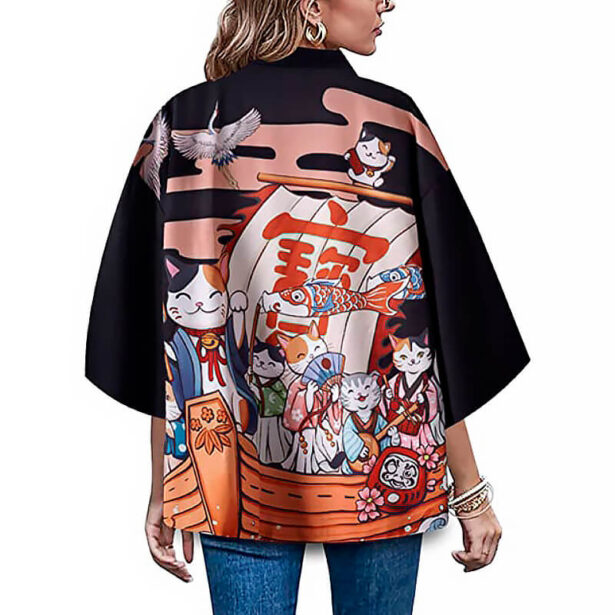 Unisex Shirt Black Unisex Kimono Japanese Clothes Lucky Cats On The Ship