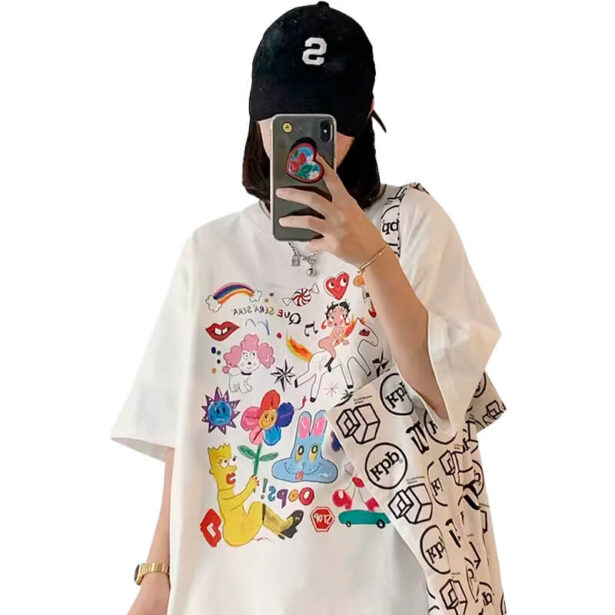 White Women T Shirt Artsy Aesthetic Print Children Drawings