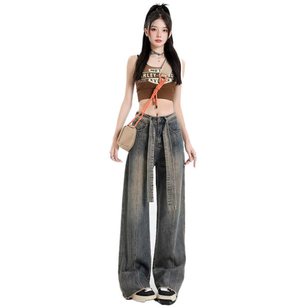 Wide Washed Dark Gray Women Jeans With Belt Style Harajuku
