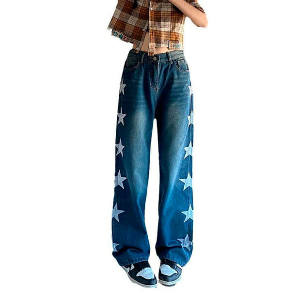 Y2K Denim Women Jeans With Star Print Sides Retro Style Aesthetic
