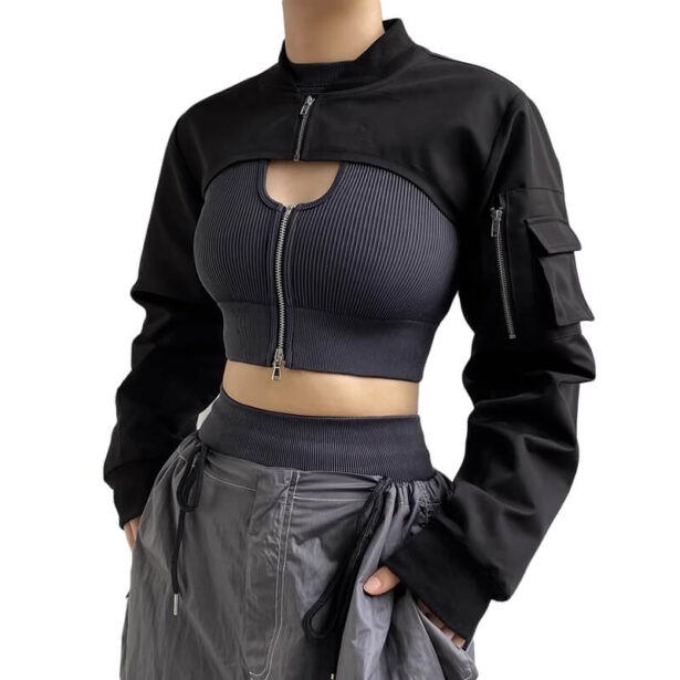 Black Techwear Long Sleeve Extreme Crop Top Jacket for Women 1