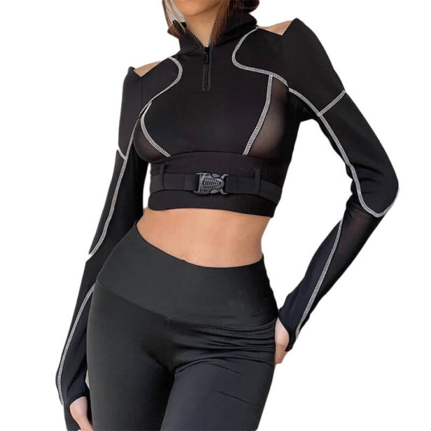 Contrast Seams Techwear Cropped Long Sleeve Top for Women 1