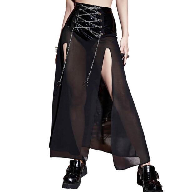 Double Slit Skirt Black Mesh Waist Chains Gothcore Punk 1