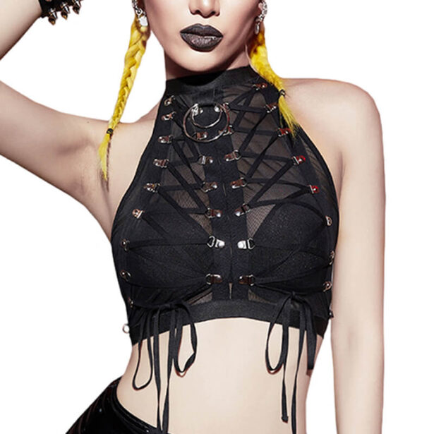 Gothic Punk Mesh Halter Neck Top for Women Lace Up Moon 1