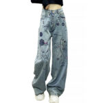 High Rise Wide Leg Jeans Women Grunge Style Hand Drawn 1