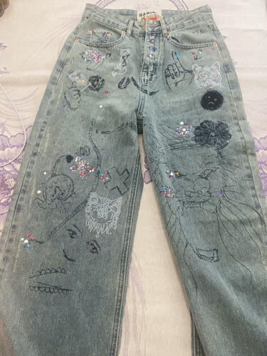 High Rise Wide Leg Jeans for Women Grunge Style Hand Drawn photo review