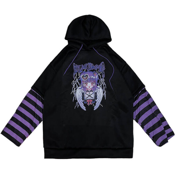 Kei Aesthetic Harajuku Women Hoodie Striped Sleeves Purple