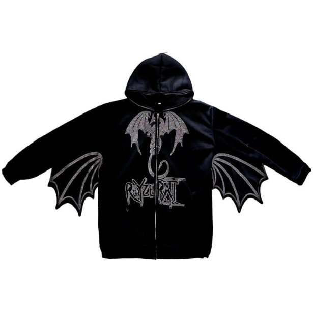 Kei Harajuku Women Hoodie With Wings Rhinestone Dragon