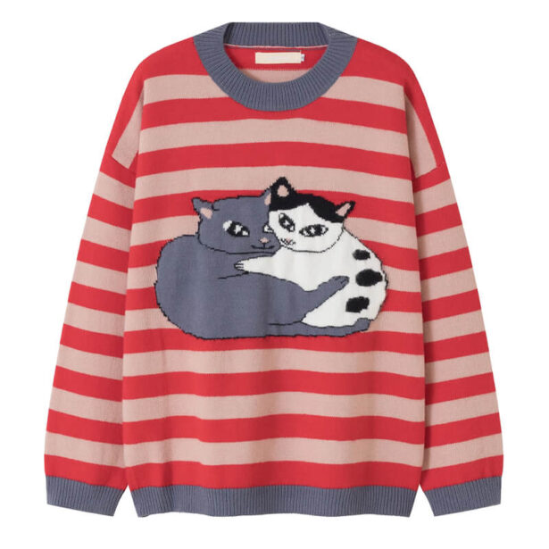 Two Hugging Cats Red Striped Knit Sweater Unisex 1