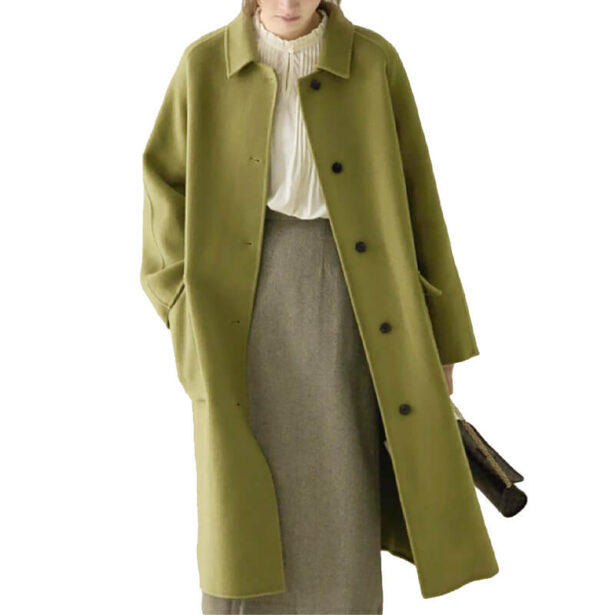 Avocado Green Wool Coat for Women Bookstore Girl Aesthetic 1