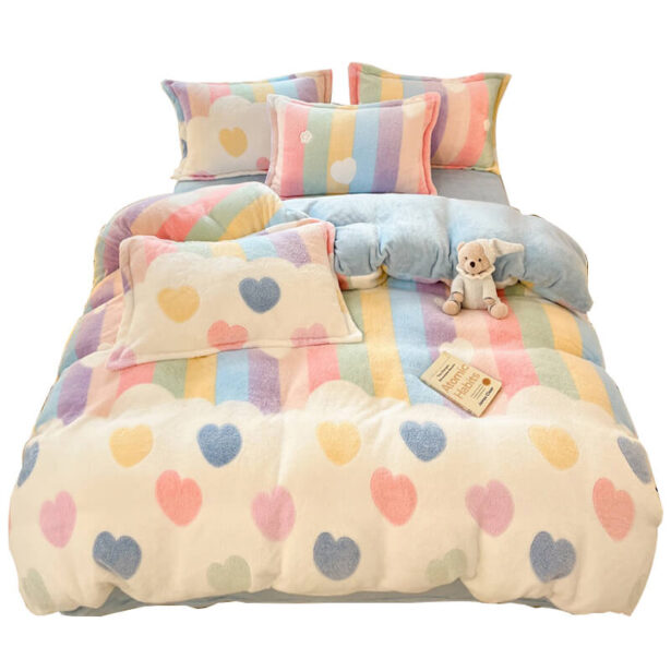 Cute Pastel Rainbow Love Milk Velvet Bedding Set 1