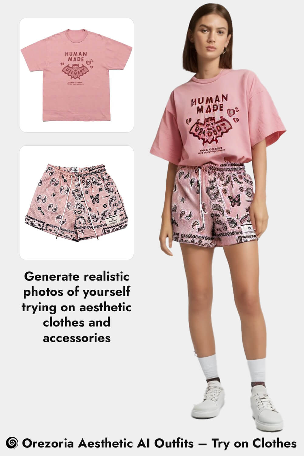 Orezoria Aesthetic AI Outfits – Try on Clothes Human Made x Lil Uzi Vert T Shirt Unisex Pink Indie Hip Hop Retro Hip Hop Paisley Pattern Basketball Shorts