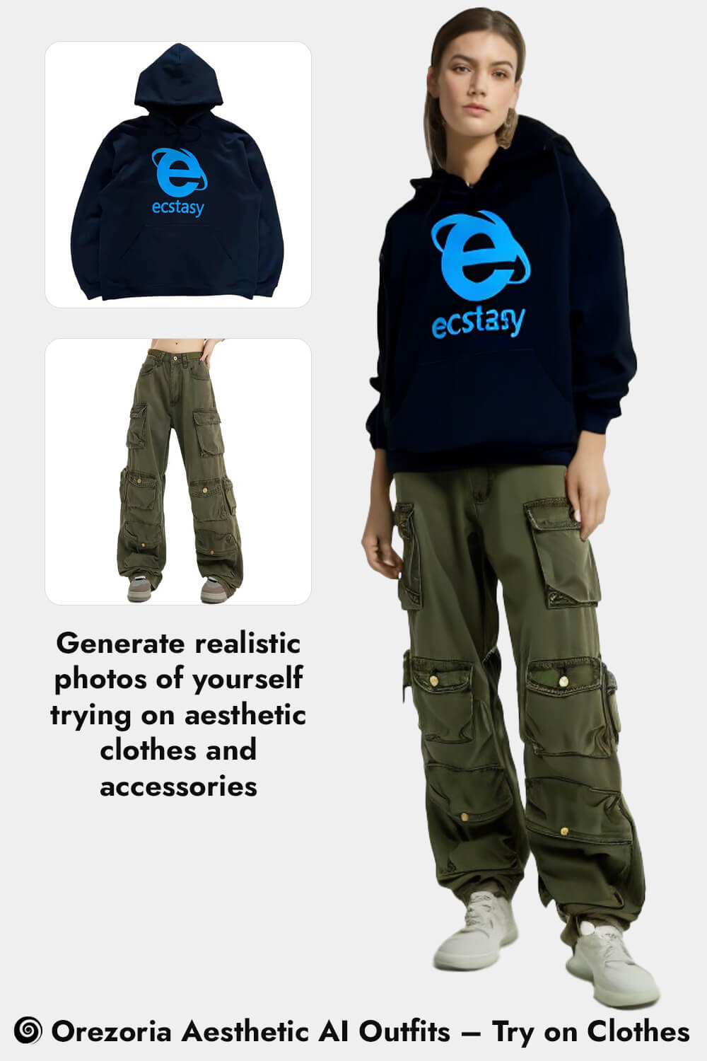 Orezoria Aesthetic AI Outfits – Try on Clothes Internet Explorer Ecstasy Hoodie Unisex Webcore Aesthetic Military Green Wide Leg Cargo Pants Unisex Alt Grunge