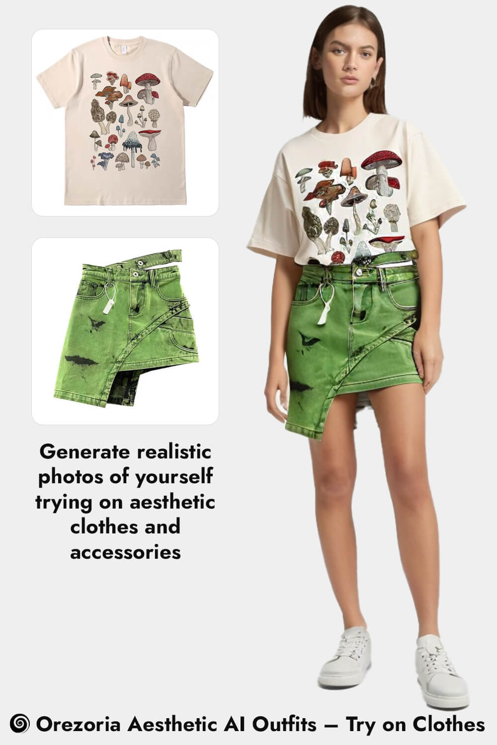 Orezoria Aesthetic AI Outfits – Try on Clothes Mushroom Collection Collage Fairy Grunge T Shirt Unisex Grunge Asymmetric Edgy Tie Dye Green Denim Women Skirt