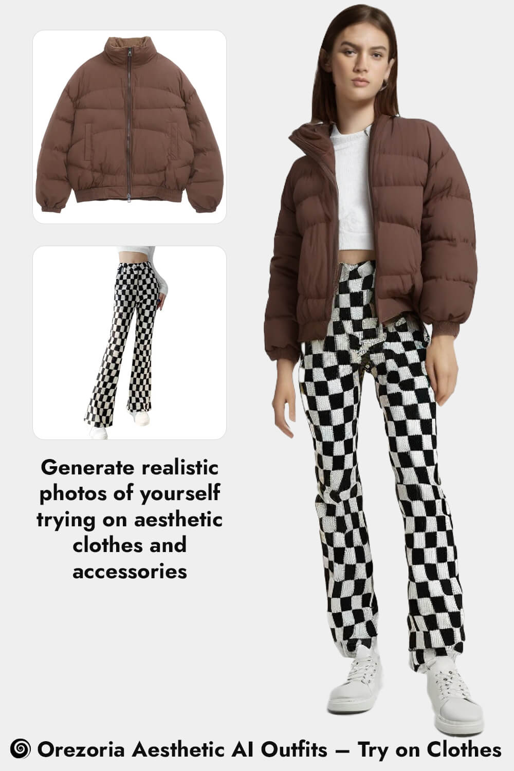 Orezoria Aesthetic AI Outfits – Try on Clothes Warm Puffer Jacket for Women Stand Collar Gorpcore Aesthetic Black and White Checkered Pants for Women Alternative Style