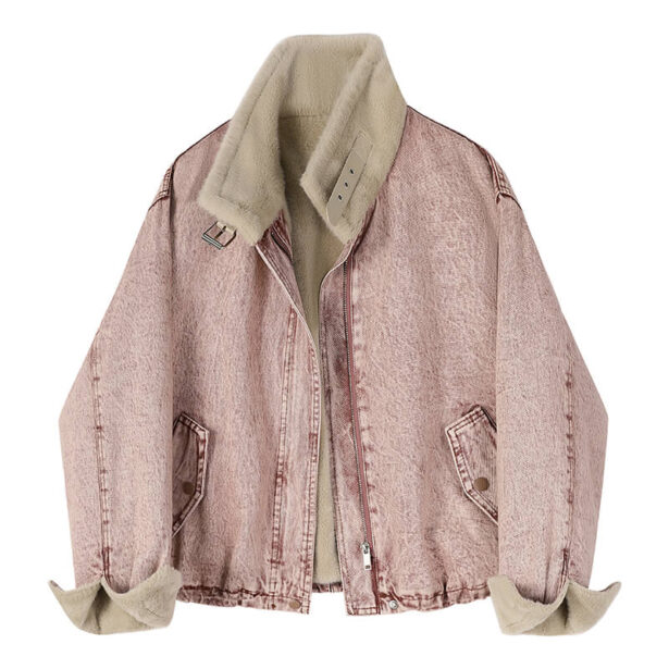 Pink Beige Denim Jean Collar Aesthetic Outwear Women Jacket 1