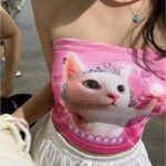 Y2K Aesthetic Princess White Cat Silk Pink Tube Top