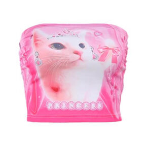 Y2K Aesthetic Princess White Cat Silk Pink Tube Top