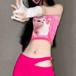 Y2K Aesthetic Princess White Cat Silk Pink Tube Top