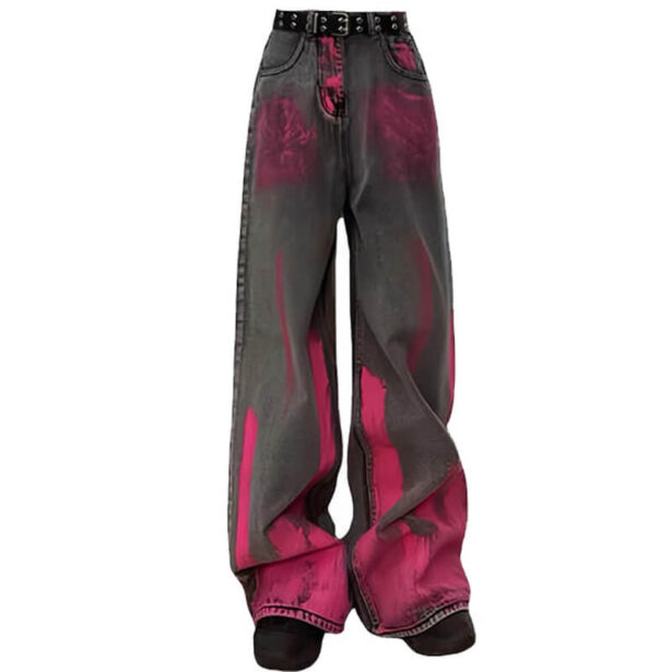 Bright Pink Artsy Panting E Girl Gray Denim Women Jeans 1