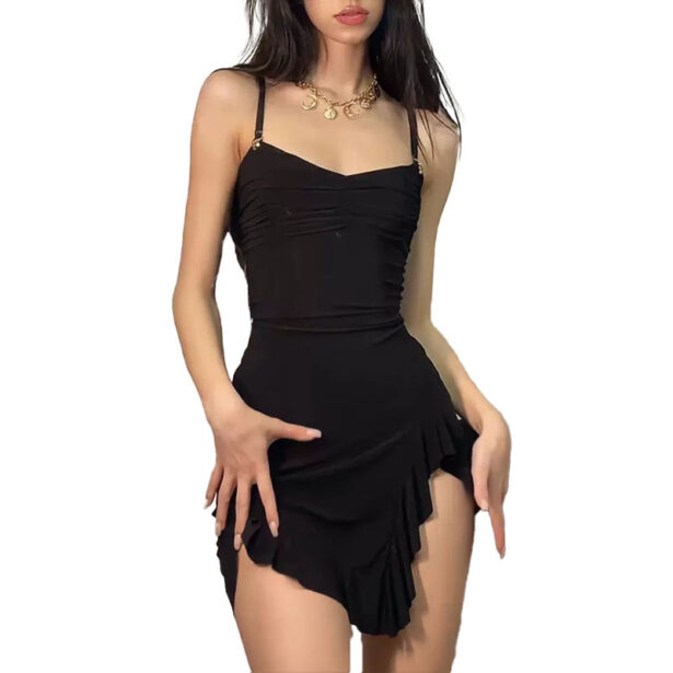 Short Black Mini Dress Ruffled Slit Tiny straps 129