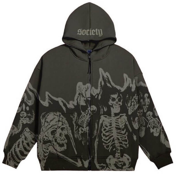 Society Burning Skeletons Zip Up Hoodie Unisex Opiumcore 1