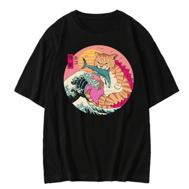 Catzilla Ukiyoe Retro Wave Unisex T shirt Harajuku Aesthetic 1