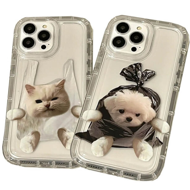 Cute White Puppy Cat Aesthetic Transparent iPhone Case 1