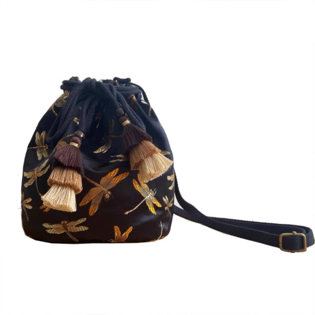 Embroidered Dragonfly Bucket Shoulder Bag Retro Aesthetic 1