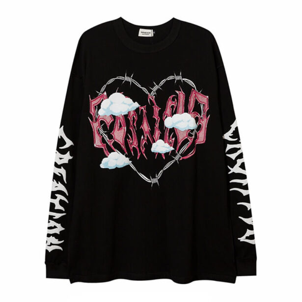 Emocore Heart Print Chains Black White Unisex Longsleeve 1